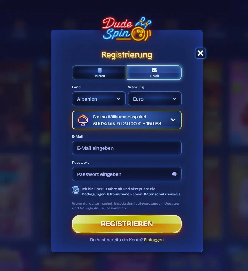 Registrační formulář Dudespin Casino pro založení nového účtu